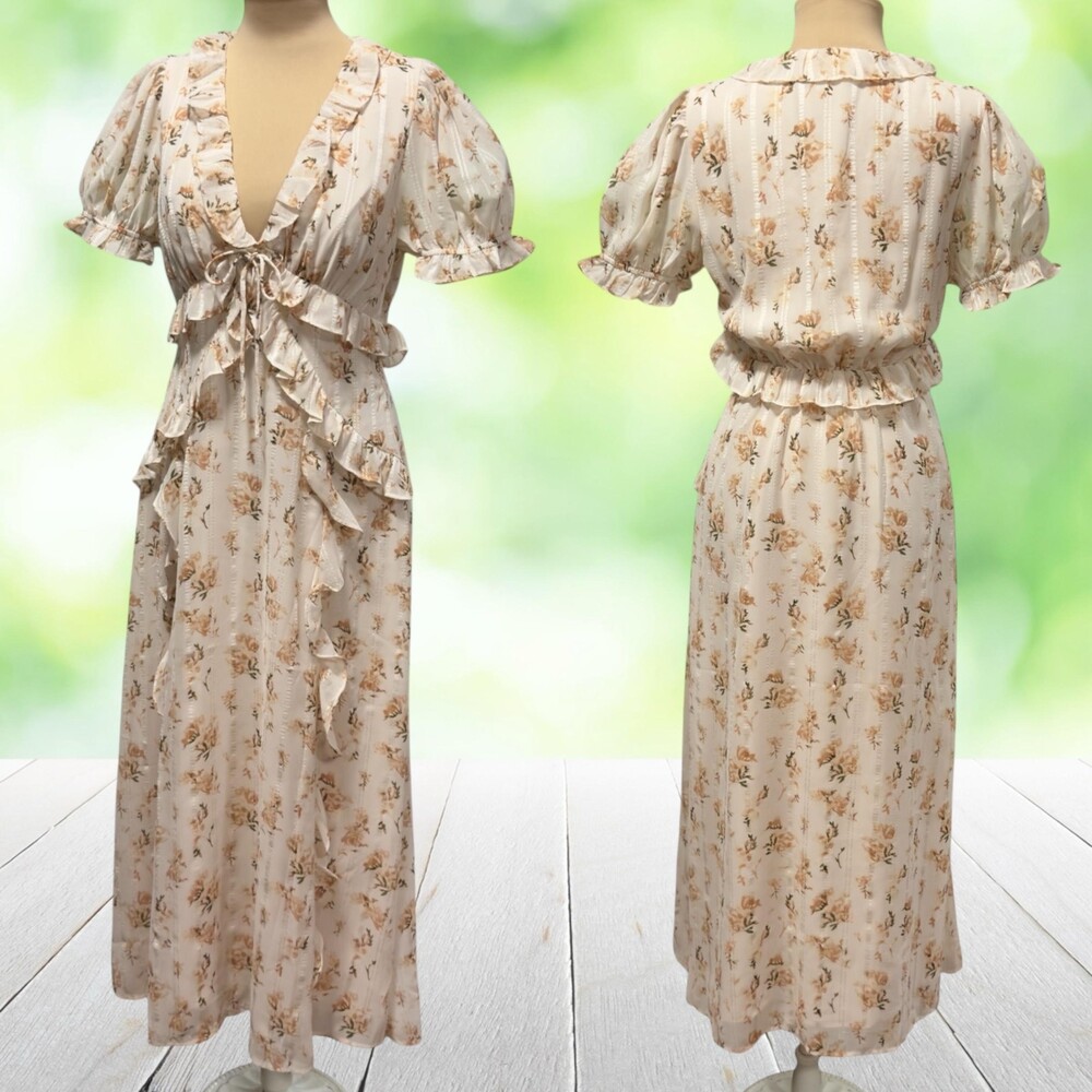 STORIA Maxi Dress Floral Ruffle Cottagecore Coquette Puff Sleeve Womens S/M